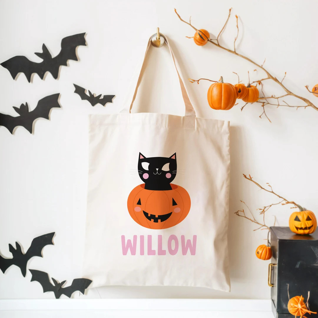 Cute Black Cat in a Pumpkin Halloween Personalized Trick or Treat Tote Bag - Custom Candy Bag for... | Etsy (US)