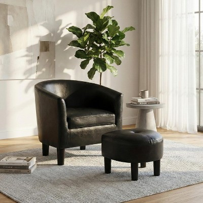 GDFStudio Nolan Contemporary Faux Leather Upholstered Barrel Back Accent Chair with Ottoman Set, Black | Target