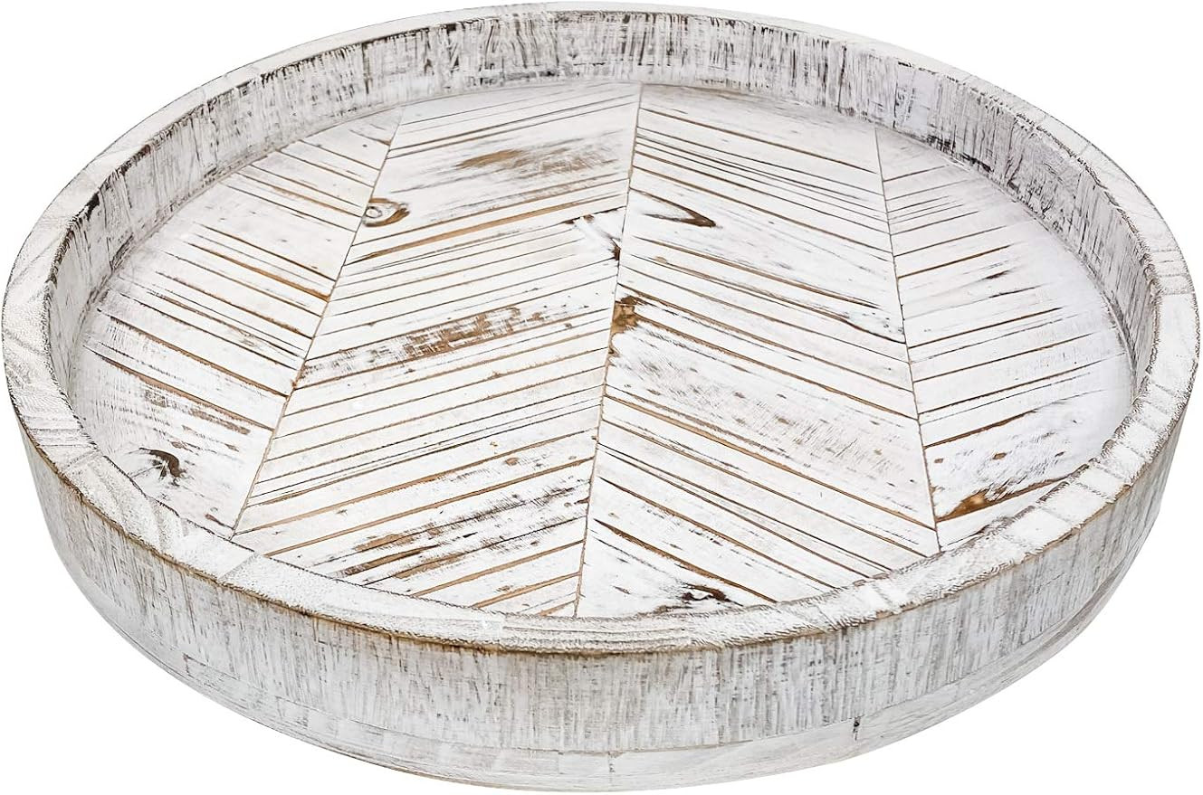 Paper And Pallet Rustic White Herringbone Wood Lazy Susan - Distressed Farmhouse Turntable Tray, ... | Amazon (US)