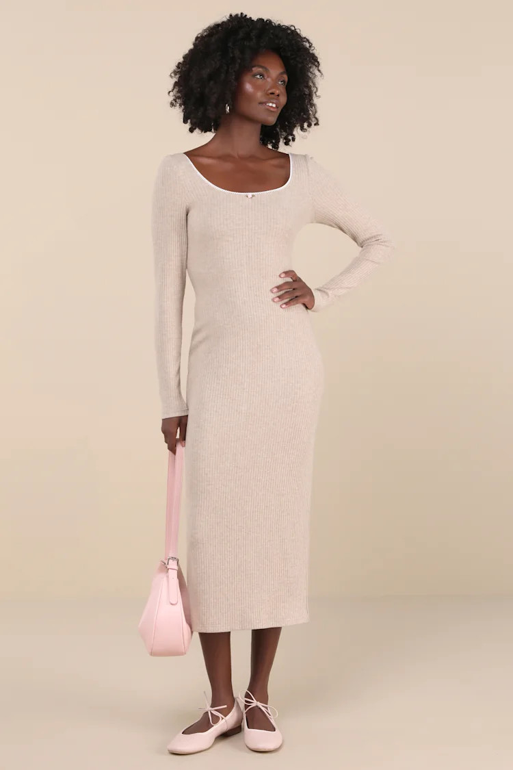 Certainly Darling Heather Beige Ribbed Long Sleeve Midi Dress | Lulus