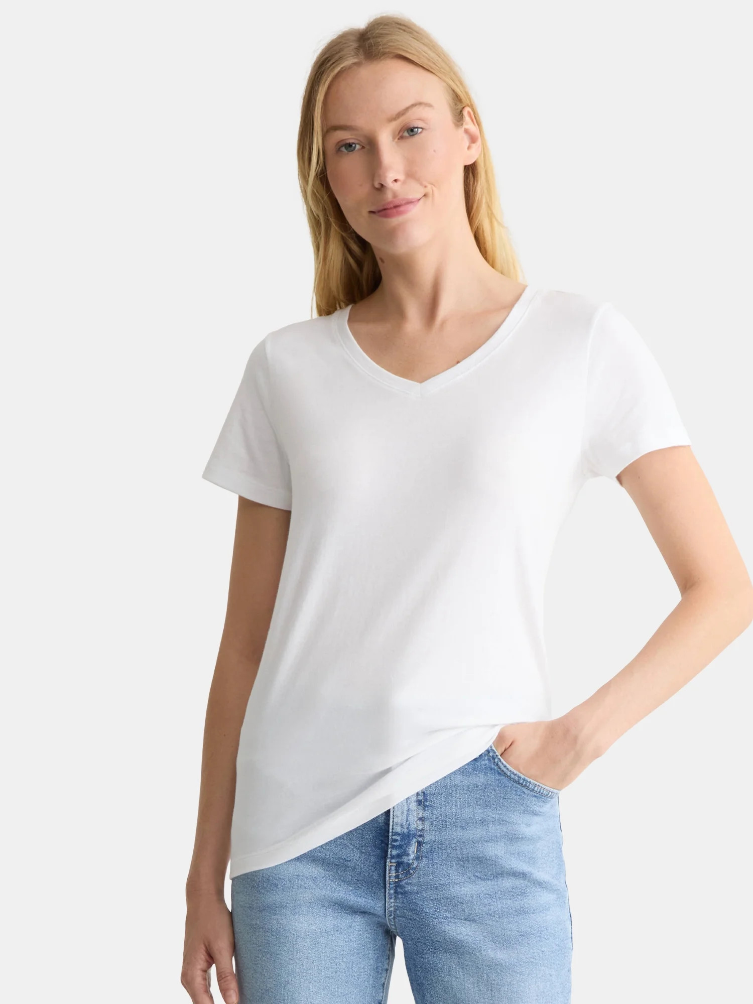 Time and Tru Women's Cotton V-Neck Tee with Short Sleeves, Sizes XS-XXXL | Walmart (US)