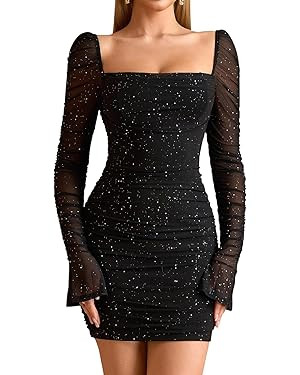 Women Sequin Long Sleeve Mini Dress Bodycon Party Formal Going Out Sparkly Sexy Dresses | Amazon (US)