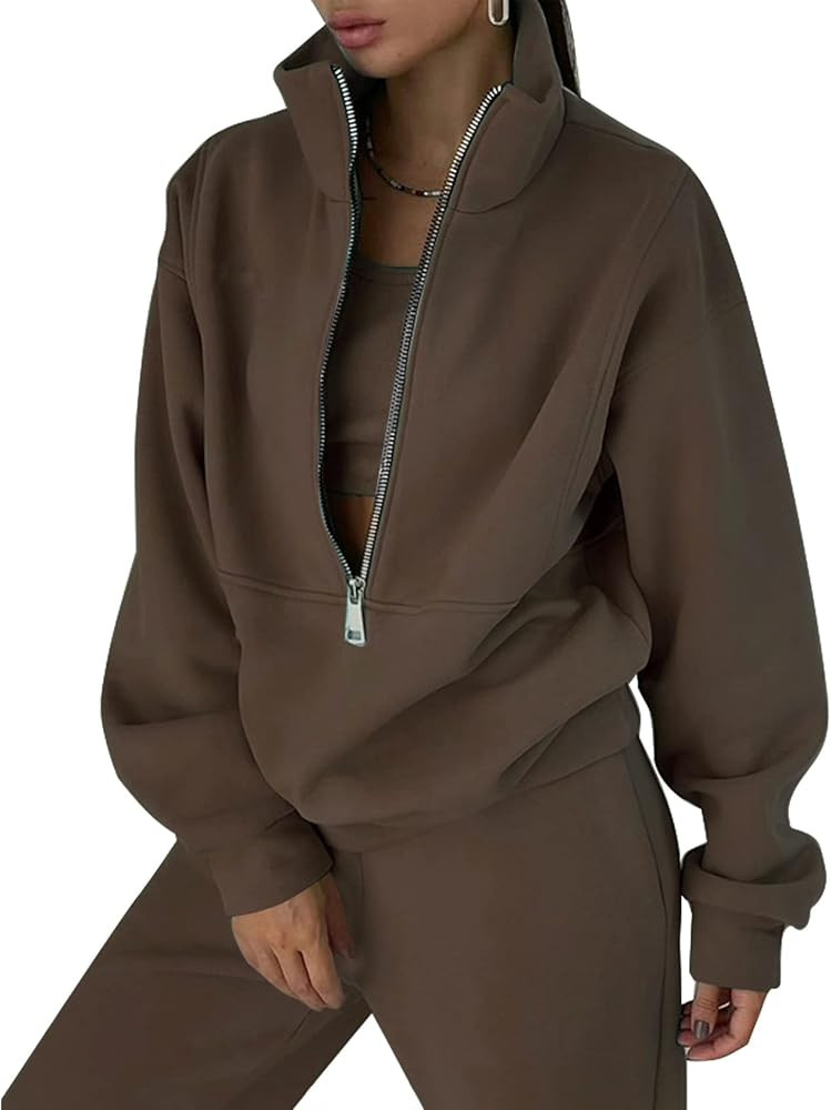 Fleece Sweat Women Set 2 Piece Half Zip Sweatshirt Casual Jogger Sweatpants Sets 2 Piece Sweat Se... | Amazon (US)