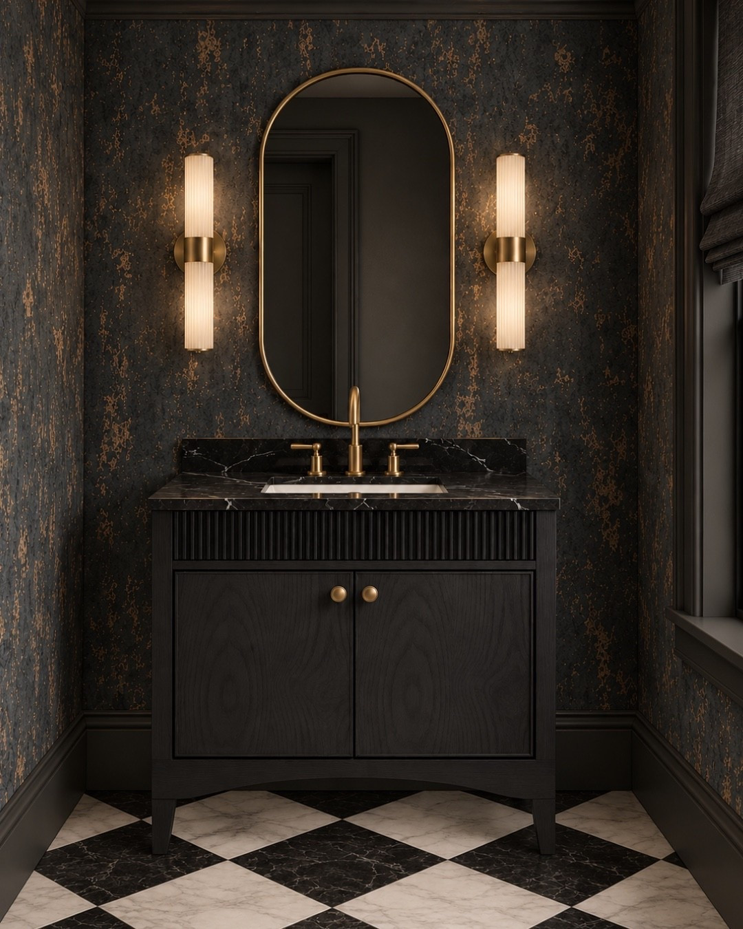 Moody, luxe, and effortlessly sophisticated - this powder room proves bold wallpaper and rich finishes can transform even the smallest space. 

Powder room, bathroom, bathroom vanity, bathroom mirror, bathroom sconces, bathroom decor, bathroom ideas, bathroom ideas, bathroom vanity black, bathroom decor, bath, home decor, home design, bathroom, bathroom ideas, home ideas, perigold, rejuvenation

#LTKHome #LTKSaleAlert #LTKSeasonal