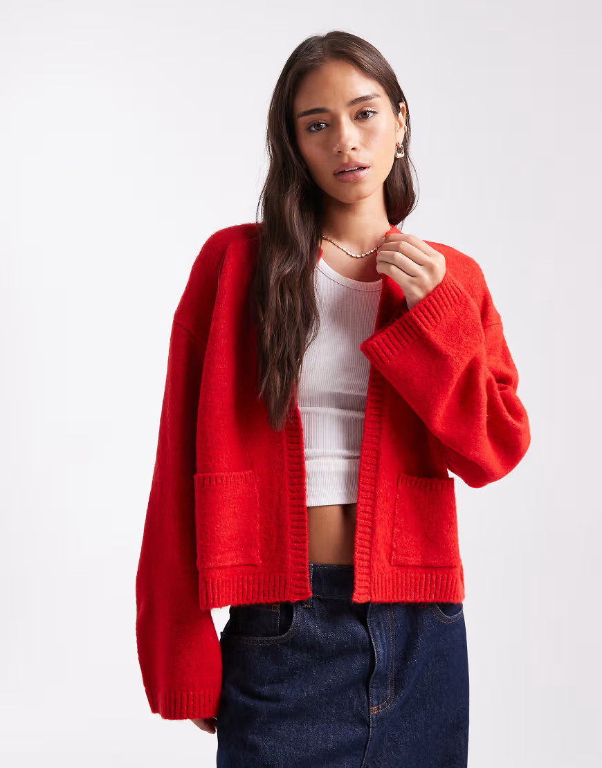 ASOS DESIGN knitted edge to edge cardigan with patch pockets in red | ASOS (Global)