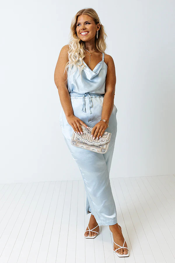 Go To Glam Satin Pants In Sky Blue Curves | Impressions Online Boutique