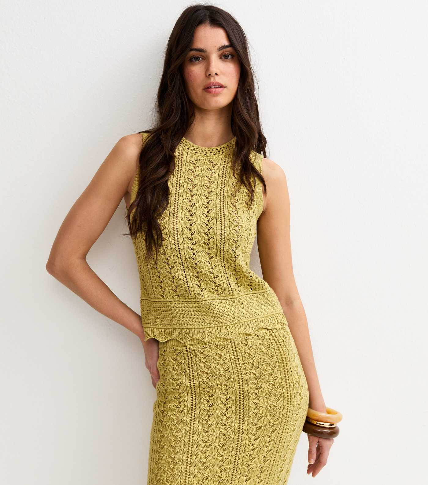 Green Cotton Rich Scallop Hem Pointelle Knitted Vest | New Look | New Look (UK)