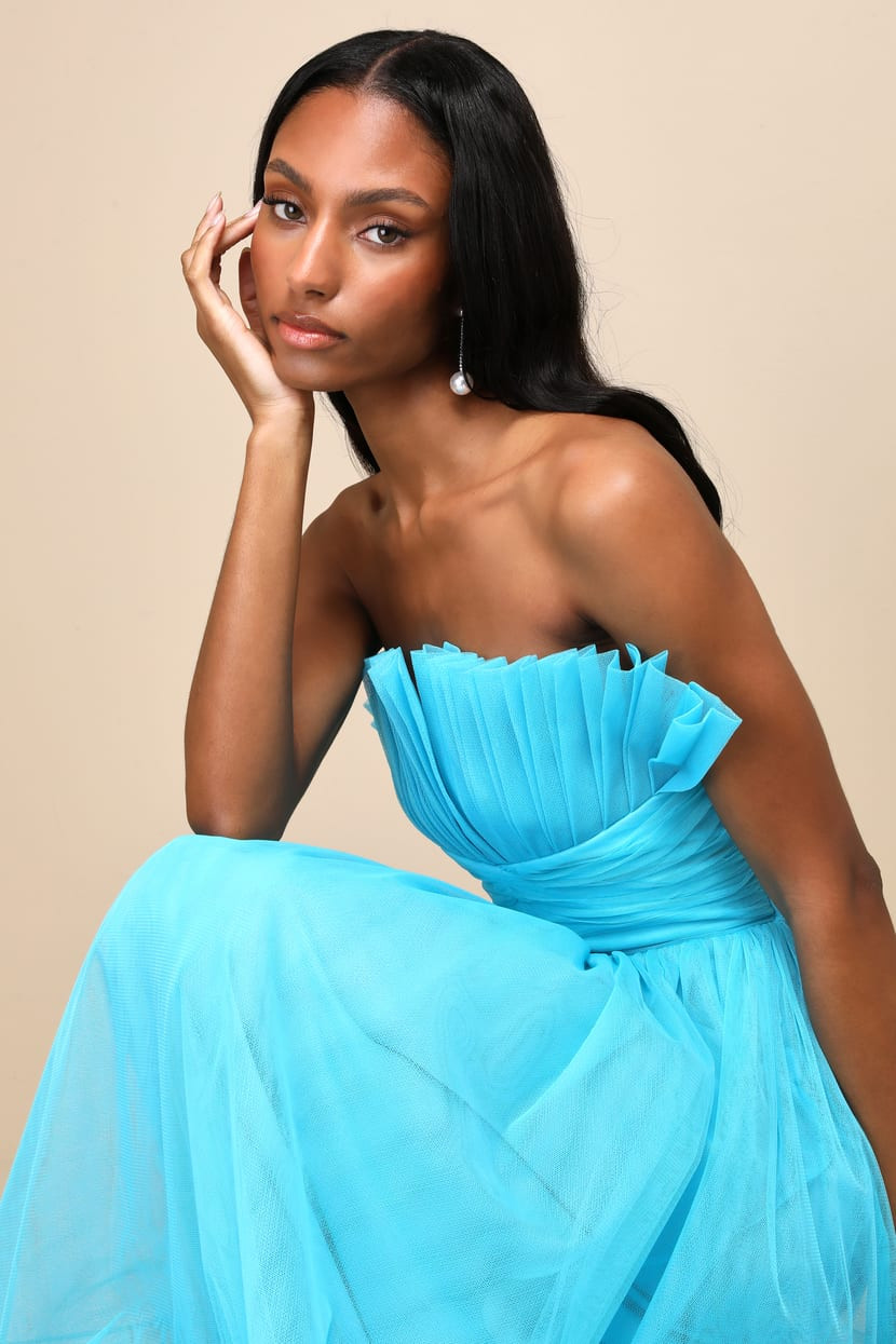 Undeniably Iconic Teal Blue Tulle Pleated Strapless Maxi Dress | Lulus