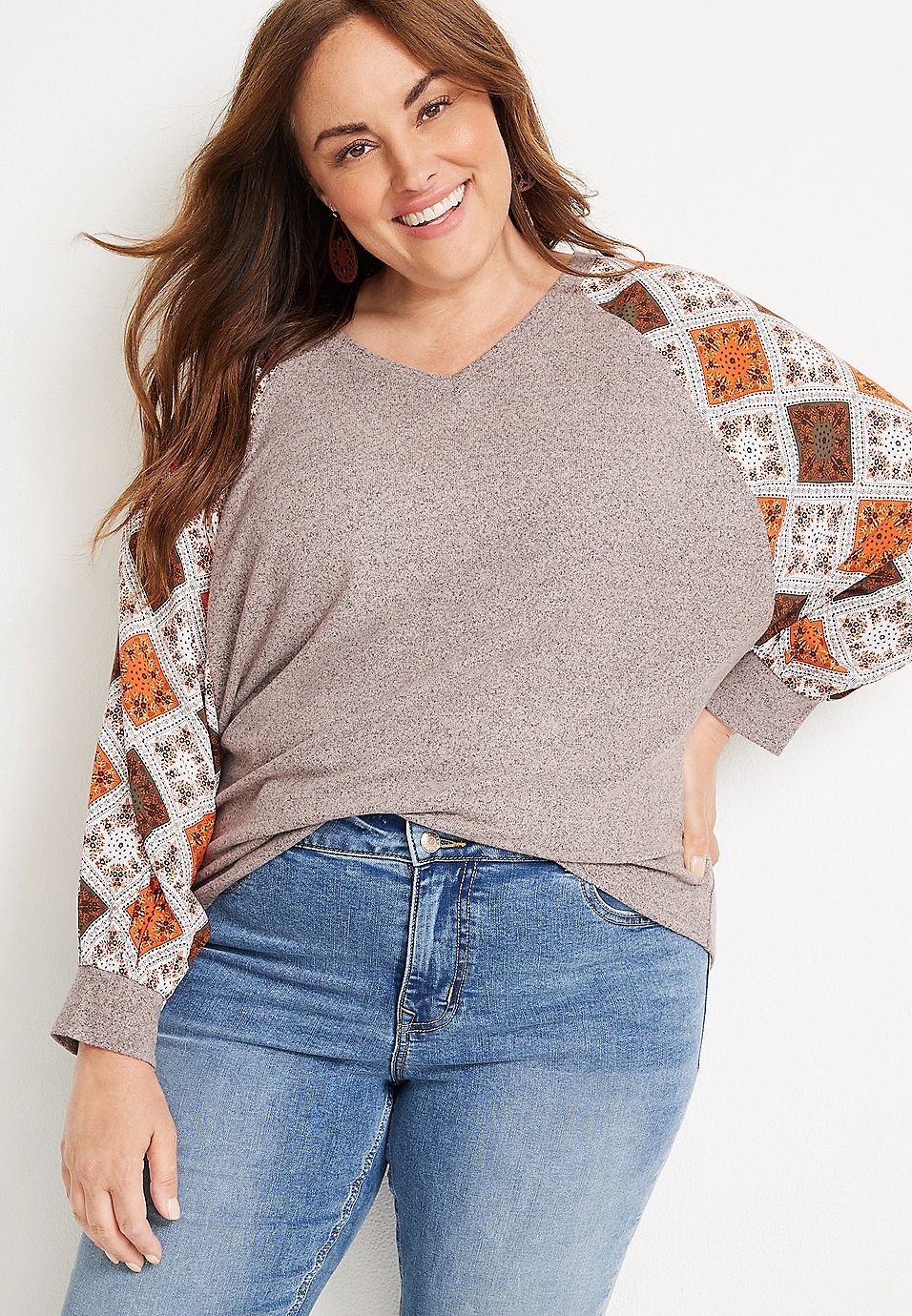 Plus Size Patchwork Sleeve Mixer Tee | Maurices