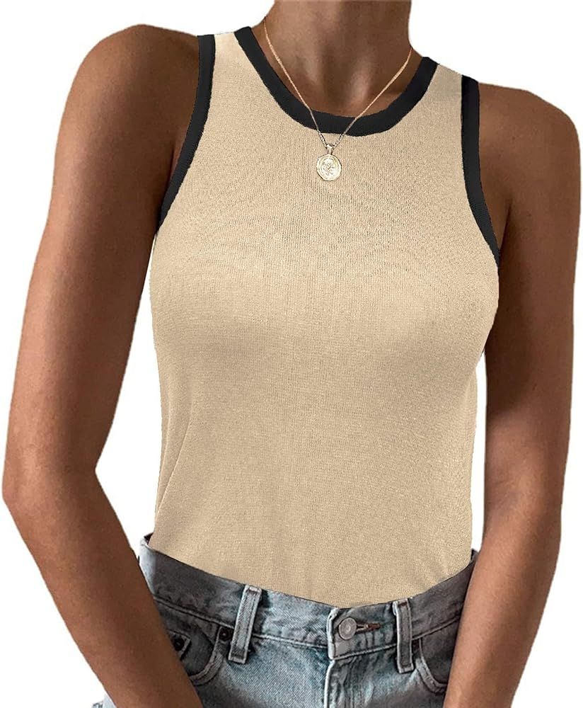 Zeagoo Womens 2024 Tank Top Racerback Crowl Neck Casual Basic Ribbed Knit Fitted Sleeveless Sweat... | Amazon (US)