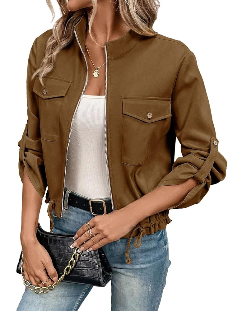EVALESS Womens Zip Up Jacket Roll Tab Sleeve Flap Pocket Drawstring Hem Utility Lightweight Cropp... | Amazon (US)