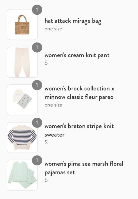 What I’m getting from the Minnow Black Friday sale: Hat Attack mirage straw bag, women’s cream knit pant & Breton stripe knit sweater, women’s pima cotton pajamas in sea marsh floral, & Brock collection x Minnow fleur pareo. 

#LTKGiftGuide #LTKHoliday #LTKunder100