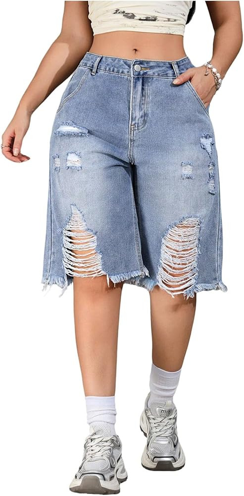 SOLY HUX Women's Ripped Denim Shorts Y2k Distressed Wide Leg Raw Hem Summer Bermuda Shorts | Amazon (US)