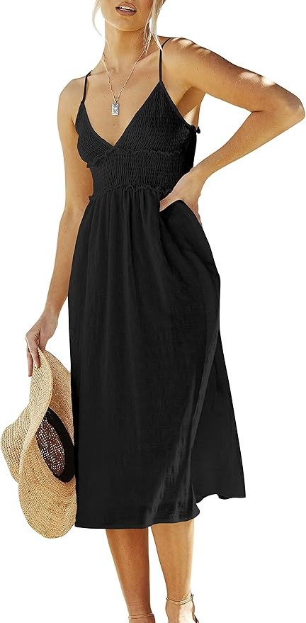 ANRABESS Women‘s Summer V Neck Adjustable Spaghetti Strap Smocked Ruffle High Wasit A Line Beac... | Amazon (US)