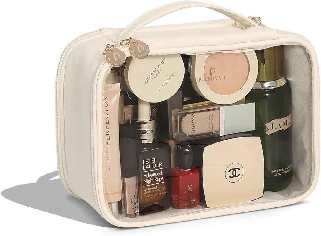 Pocmimut Travel Makeup Bag - Leather Double Layer Make Up Bag Clear Cosmetic Bag with Zipper, Lar... | Amazon (US)