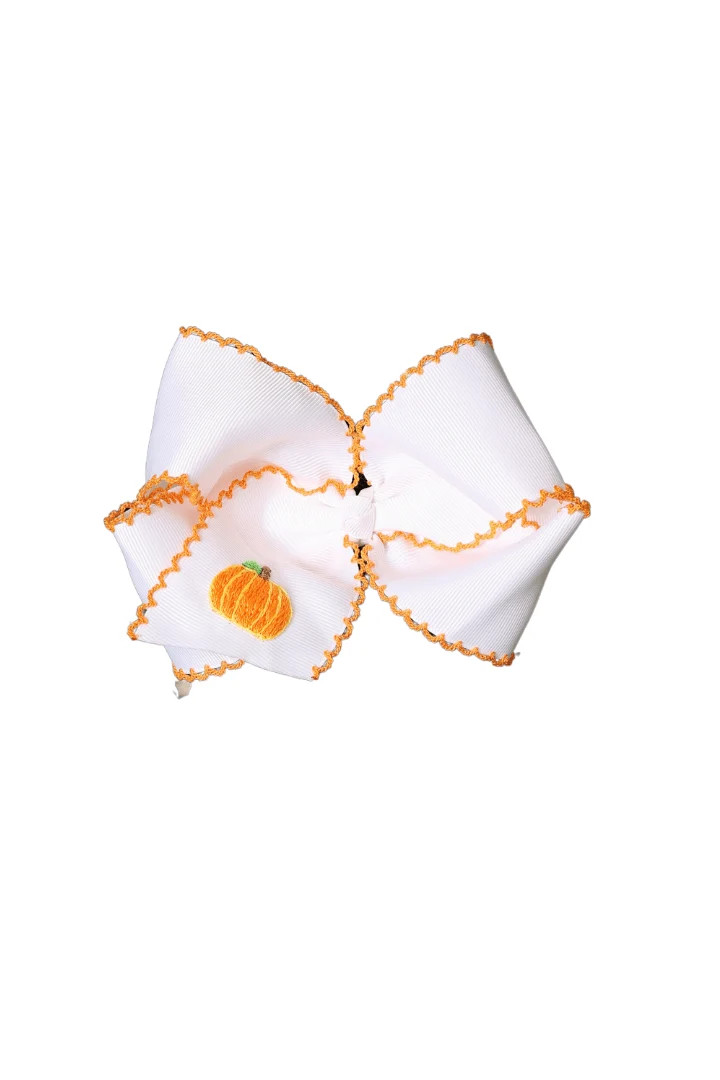 Embroidered Pumpkin Scalloped Edge Grosgrain Bow White/Orange | The Smocked Flamingo