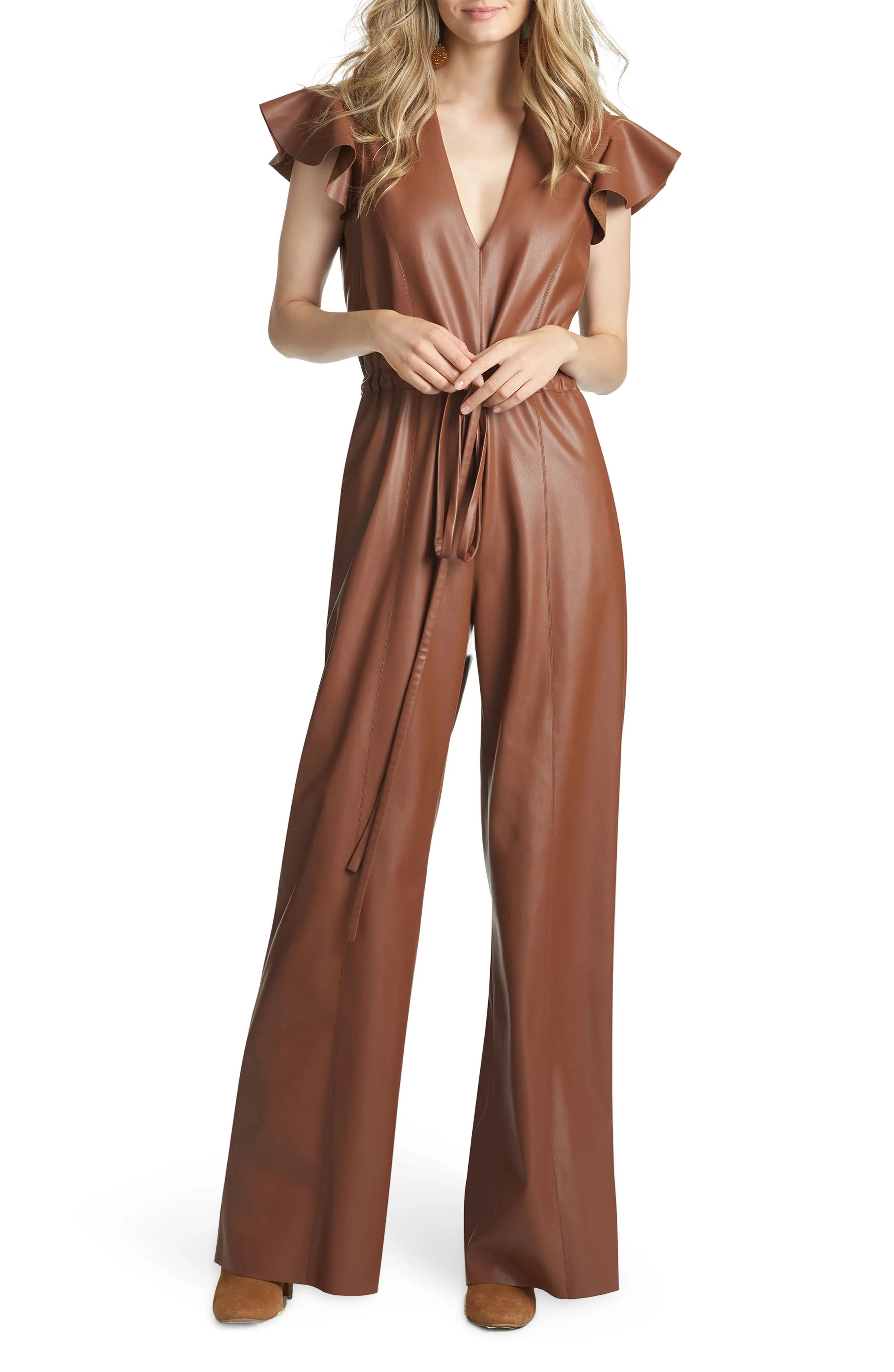 Sachin & Babi Kaydie Flounce Sleeve Faux Leather Jumpsuit, Size 6 in Cognac at Nordstrom | Nordstrom