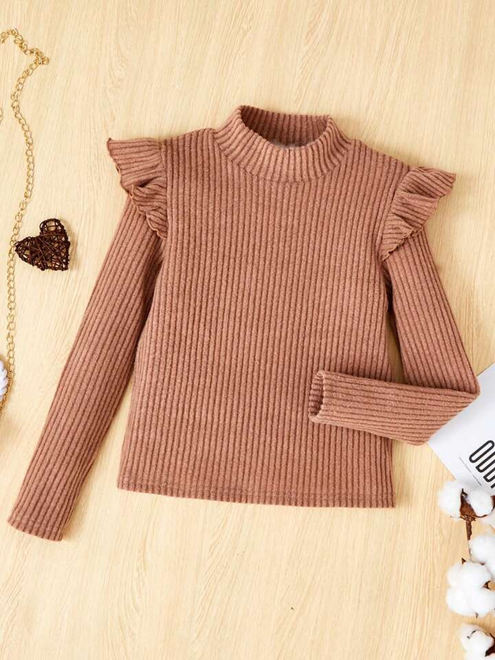 SHEIN Tween Girl Mock Neck Ruffle Trim Ribbed Knit Tee | SHEIN