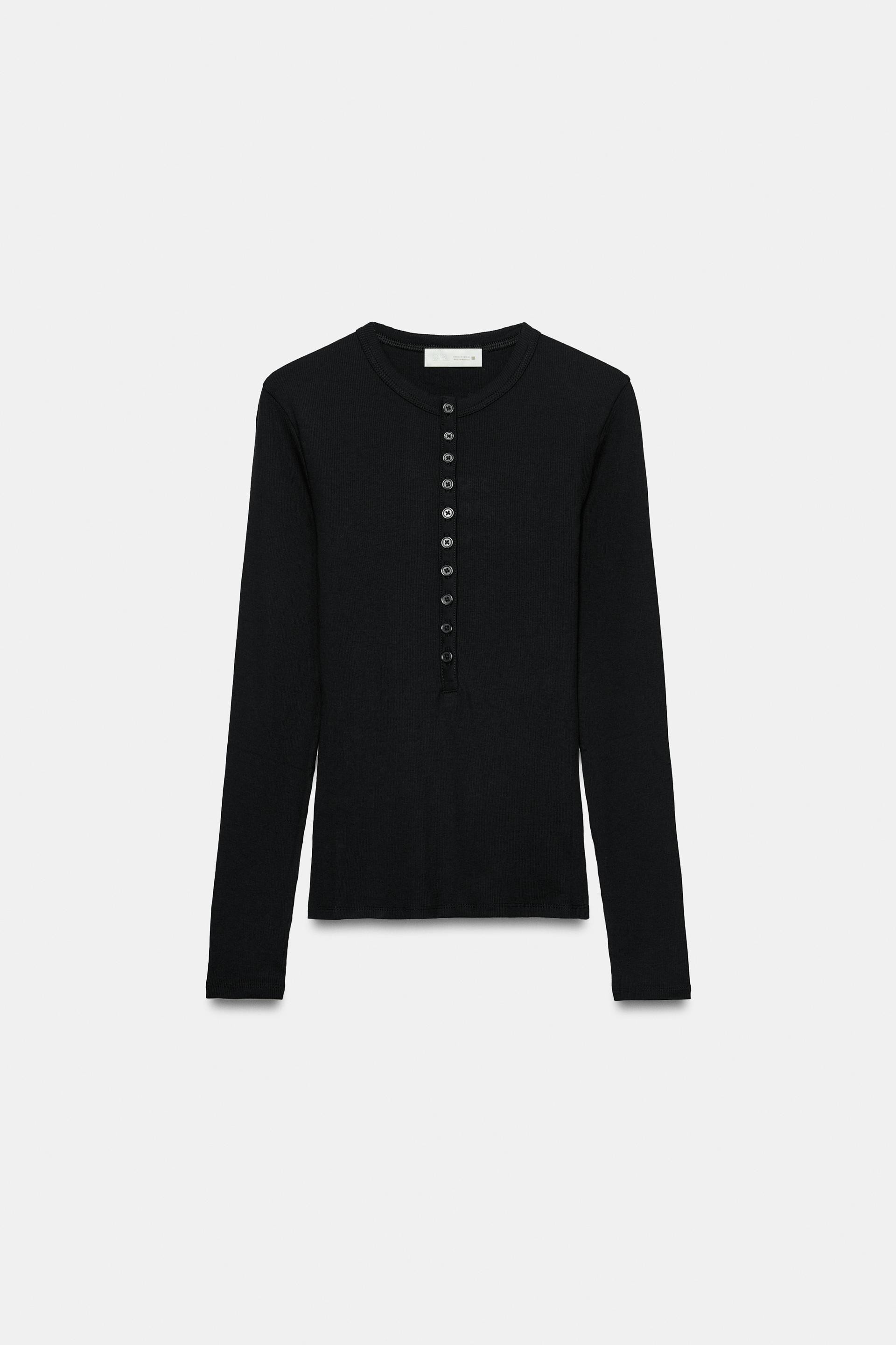 Zara - Long Sleeve Henley T-Shirt - Midnight Blue - S - Woman | Zara UK