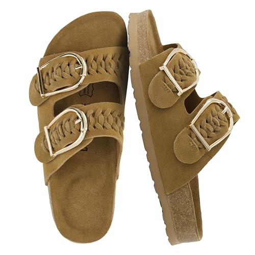 CUSHIONAIRE Cashew Slip On Womens Sandals, Genuine Suede Leather Braided Double Strap Slide On Sandals with Adjustable Big Buckle for Women 2026, Chestnut 8 | Amazon (US)