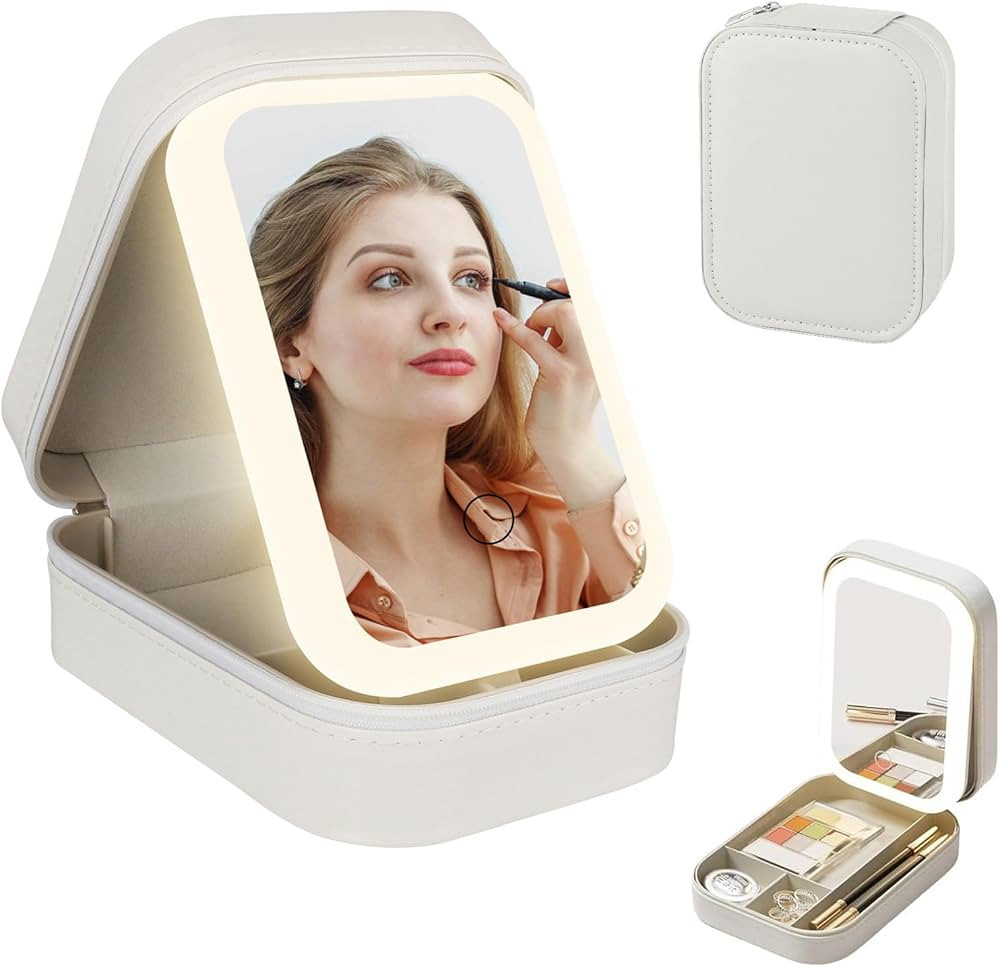 TIGARI Travel Makeup Jewelry Case with LED Mirror, Small Makeup Bag with Lighted Mirror, Three-Co... | Amazon (US)