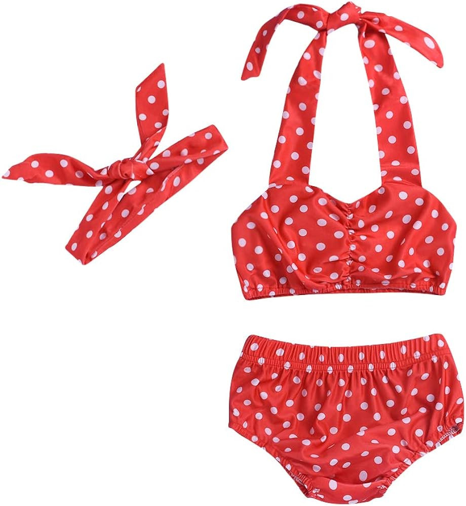 Baby Girl Bikini, Kids Toddler Polka Dot Swimsuits Halter Swimwear Bikinis Set with Headband | Amazon (US)