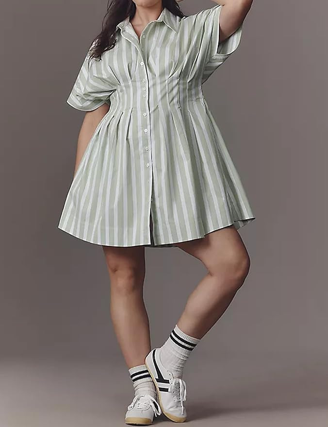 MISSACTIVER Women Pleated Button Down Shirt Dress Short Sleeve Striped Corset Mini Dresses Casual... | Amazon (US)
