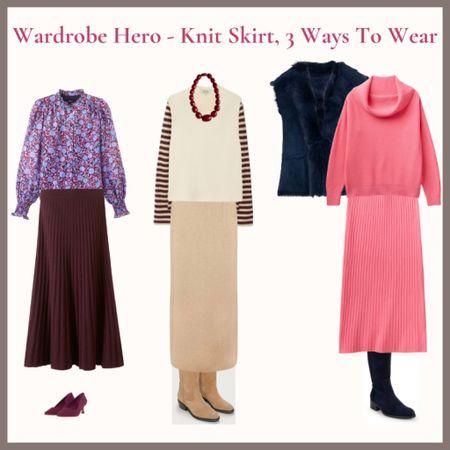 How to wear autumn knit skirts. Burgundy knit skirt and floral blouse, cream knit skirt with stripe top and cream knit vest, beige cowboy boots, coral pink co-ord knit skirt and sweater. Navy sheepskin gilet, navy boots

#LTKeurope #LTKover40 #LTKSeasonal
