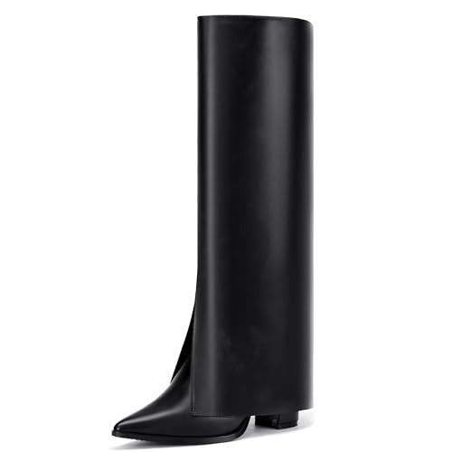 IDIFU Black Knee High Women Shark Boots Fold Over Tall High Chunky Heel Boots Pointed Toe Block Heeled Booties for Women Zip Up Dress Fall Long Cute Fashion Comfy Heel Booties Boots(Black Pu, 6.5) | Amazon (US)