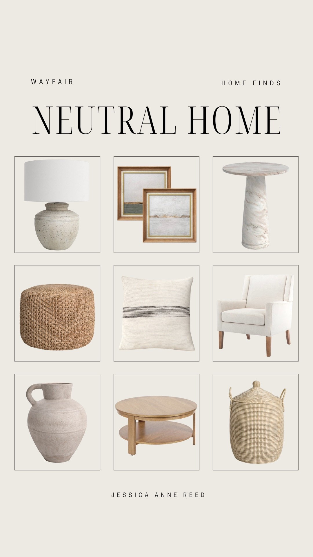 Wayfair neutral home includes side table, wall art, table lamp, ottoman, throw pillow, accent chair, coffee table, vase, and jute basket. 

Neutral home, neutral decor, looks for less, home accents

#LTKHome #LTKStyleTip #LTKFindsUnder100

#LTKHome #LTKSaleAlert
