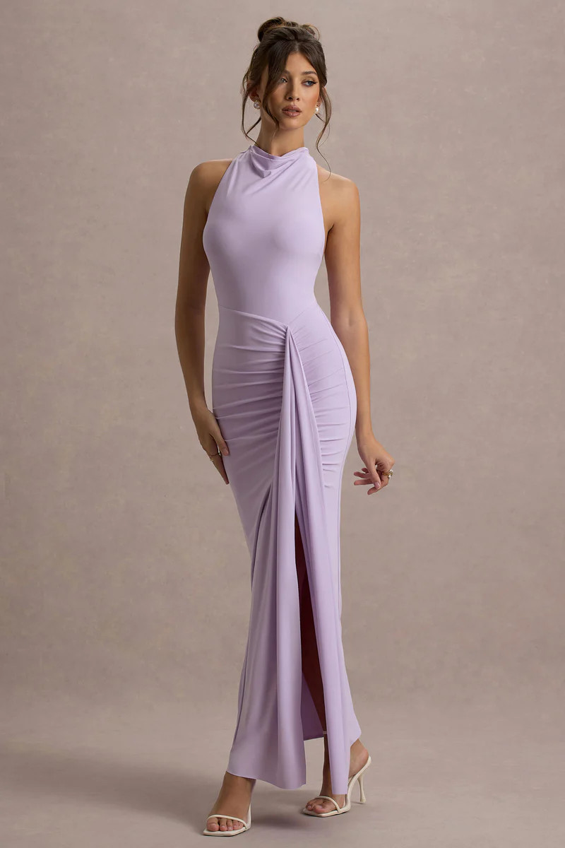 Sunflower  Lilac Ruched High-Neck Split Maxi Dress | Club L London