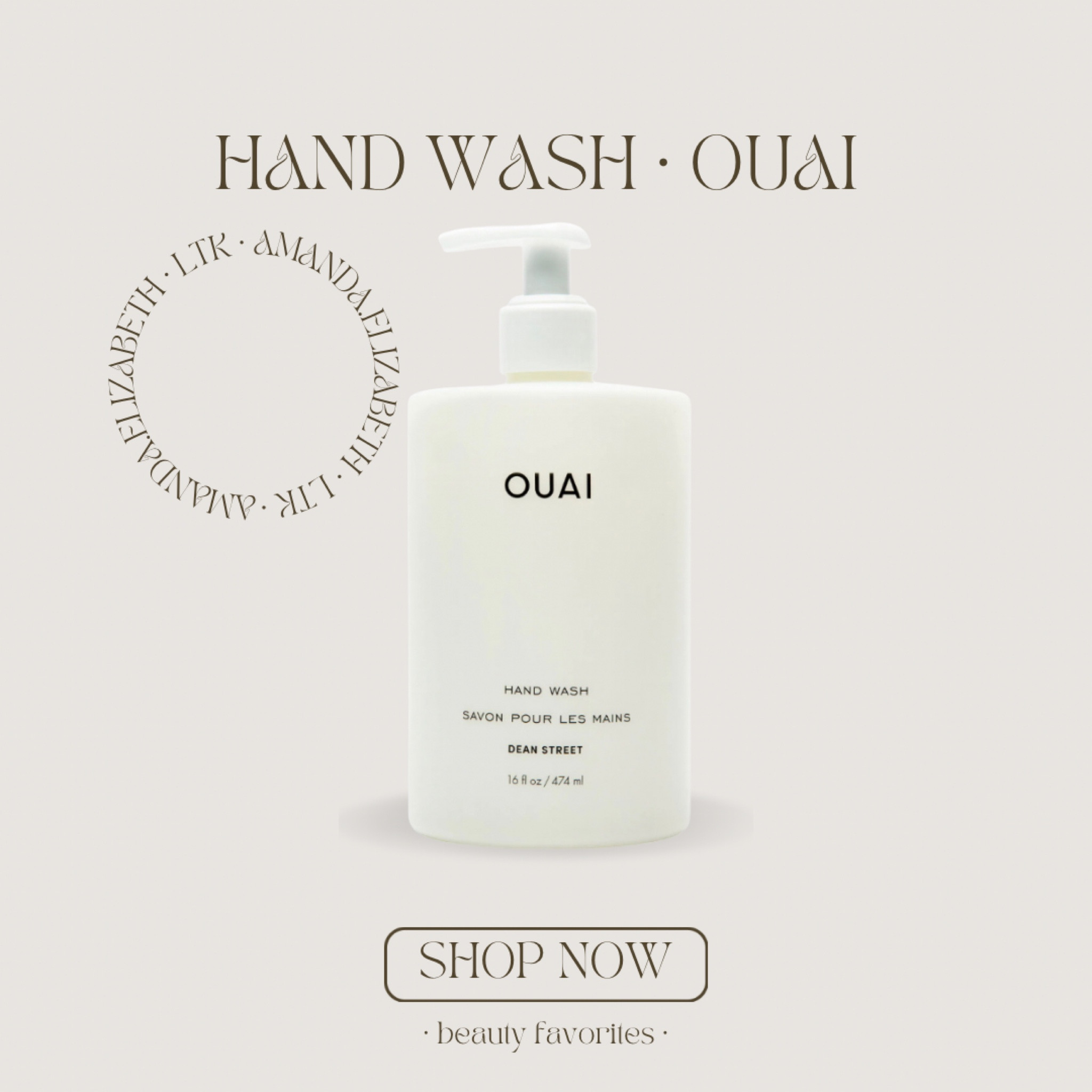 hand wash by ouai 🤍 A hand wash that exfoliates with biodegradable jojoba beads and moisturizes with avocado, jojoba, and rosehip oils. Hand Wash leaves your hands feeling cleansed, refreshed, hydrated, and super soft. It is scented with Dean Street, a floral fragrance with notes of citrus, rose, magnolia, and linden blossom.

#LTKhome #LTKbeauty #LTKunder50