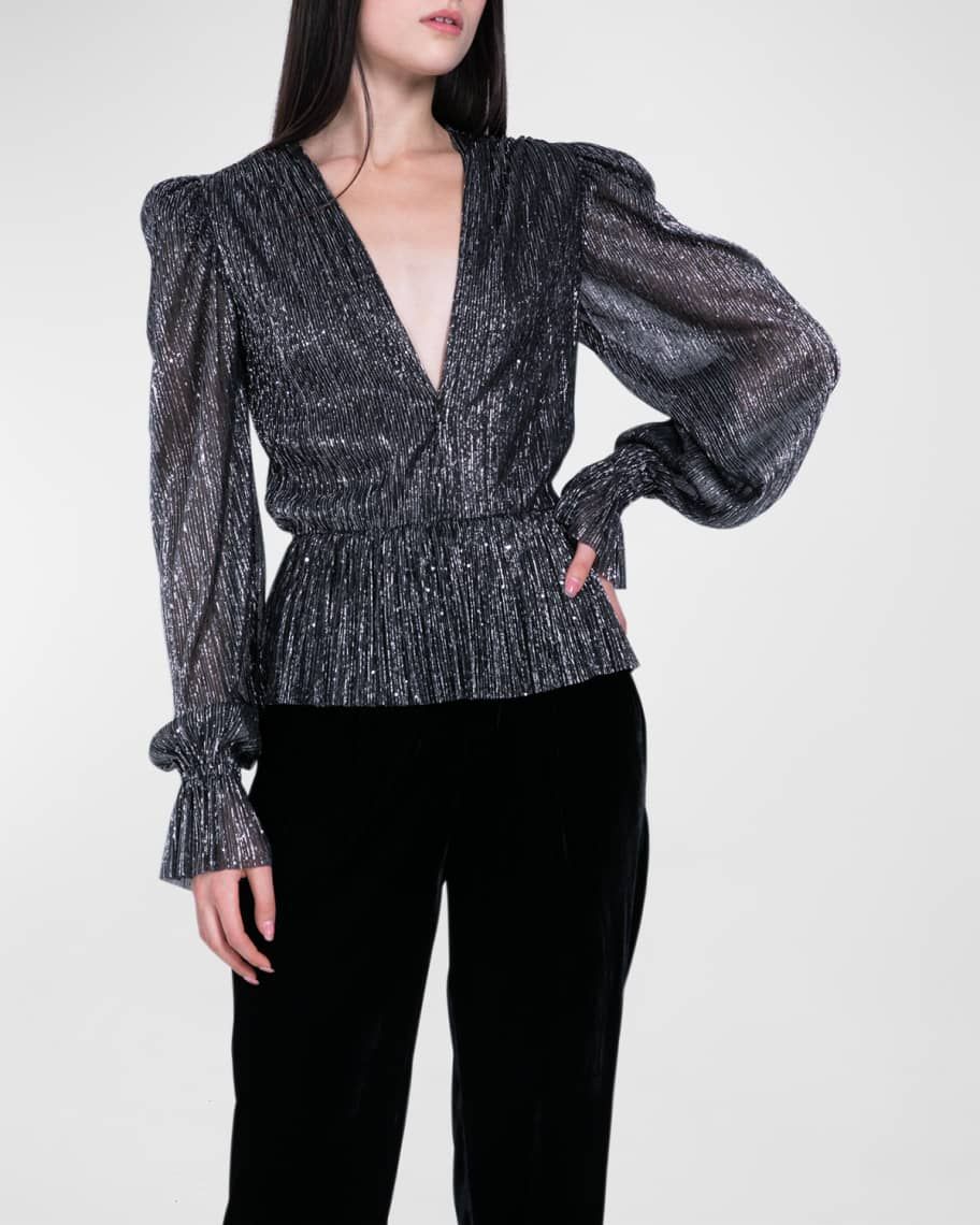 Sabina Musayev Liya Sequin Puff-Sleeve V-Neck Top | Neiman Marcus