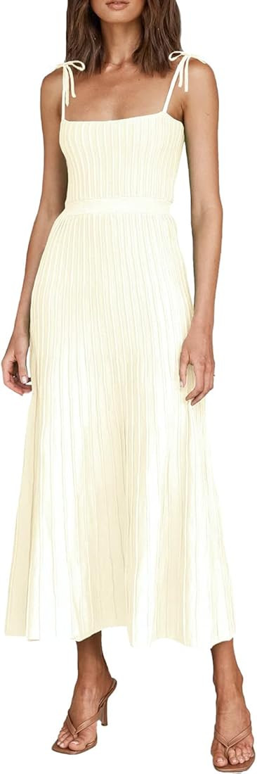 Yuemengxuan Women Knit Pleated Maxi Dress Sexy Sleeveless Tie Shoulder Strap Solid Color Flowy Lo... | Amazon (US)