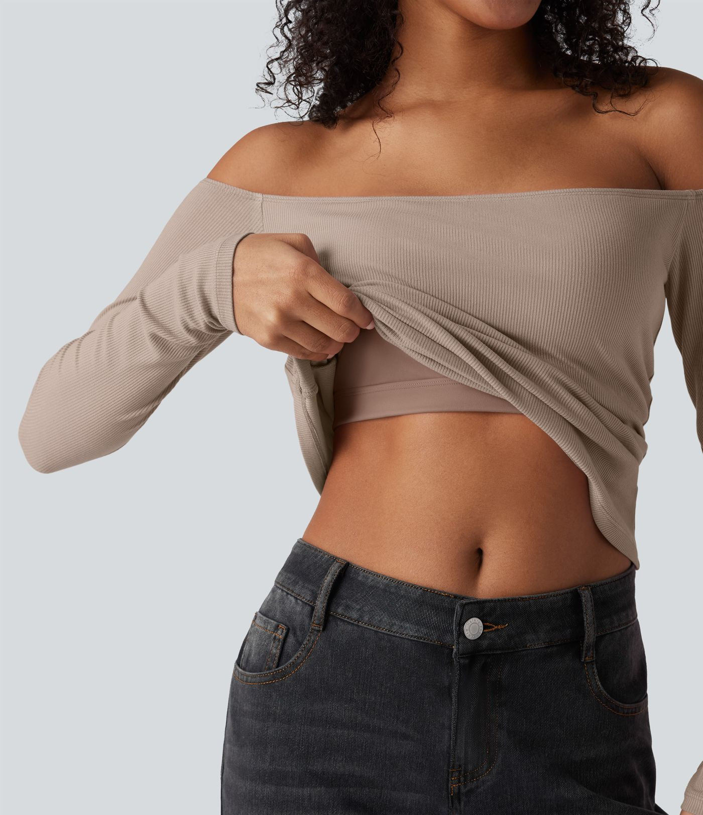 Women’s Ribbed Knit Off Shoulder Long Sleeve 2-in-1 Casual Top - Halara | HALARA