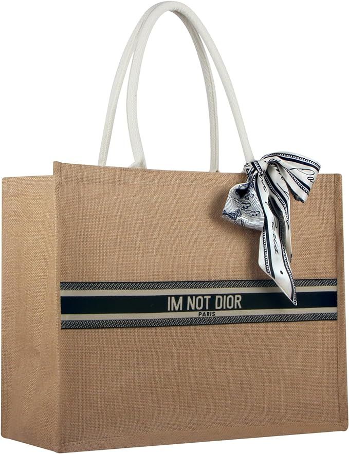 mattb Jute Travel Tote Bag Large Beach Bag Market Handles Reusable Grocery Bag for Womans Gifts | Amazon (US)