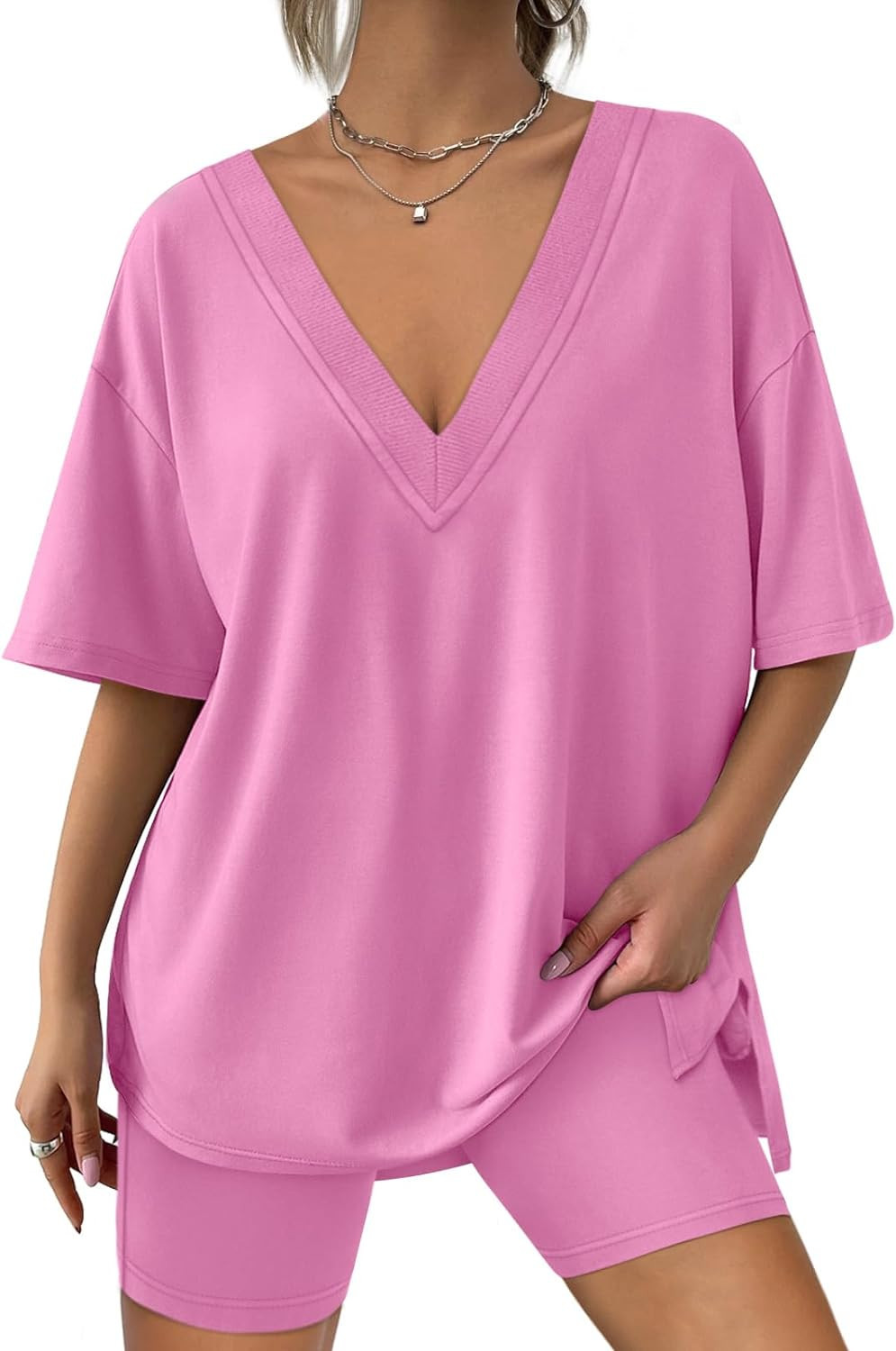 AUTOMET Womens 2 Piece Sets Summer Outfits Reversible Oversized T Shirts Tops Biker Shorts Lounge... | Amazon (US)