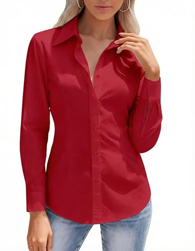 HOTOUCH Red Button Up Shirt Women Long Sleeve Stretch Solid Blouses Business Dressy Casual Work Office Tops S | Amazon (US)