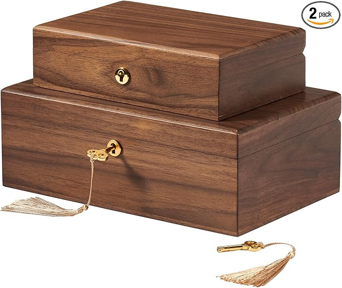 Walnut Storage Boxes with Locking Lid Set of 2 Decorative Solid Wood Storage Baskets Lockable Vin... | Amazon (US)
