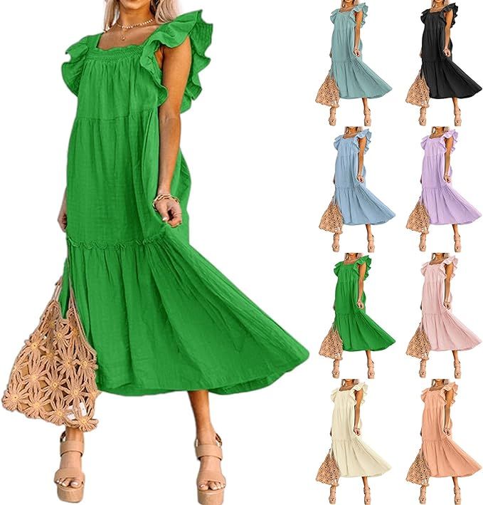 Babydoll Maxi Dresses for Women 2024 Ruffle Cap Short Sleeve Dress Pleated Swing Tunic Dress Flow... | Amazon (US)