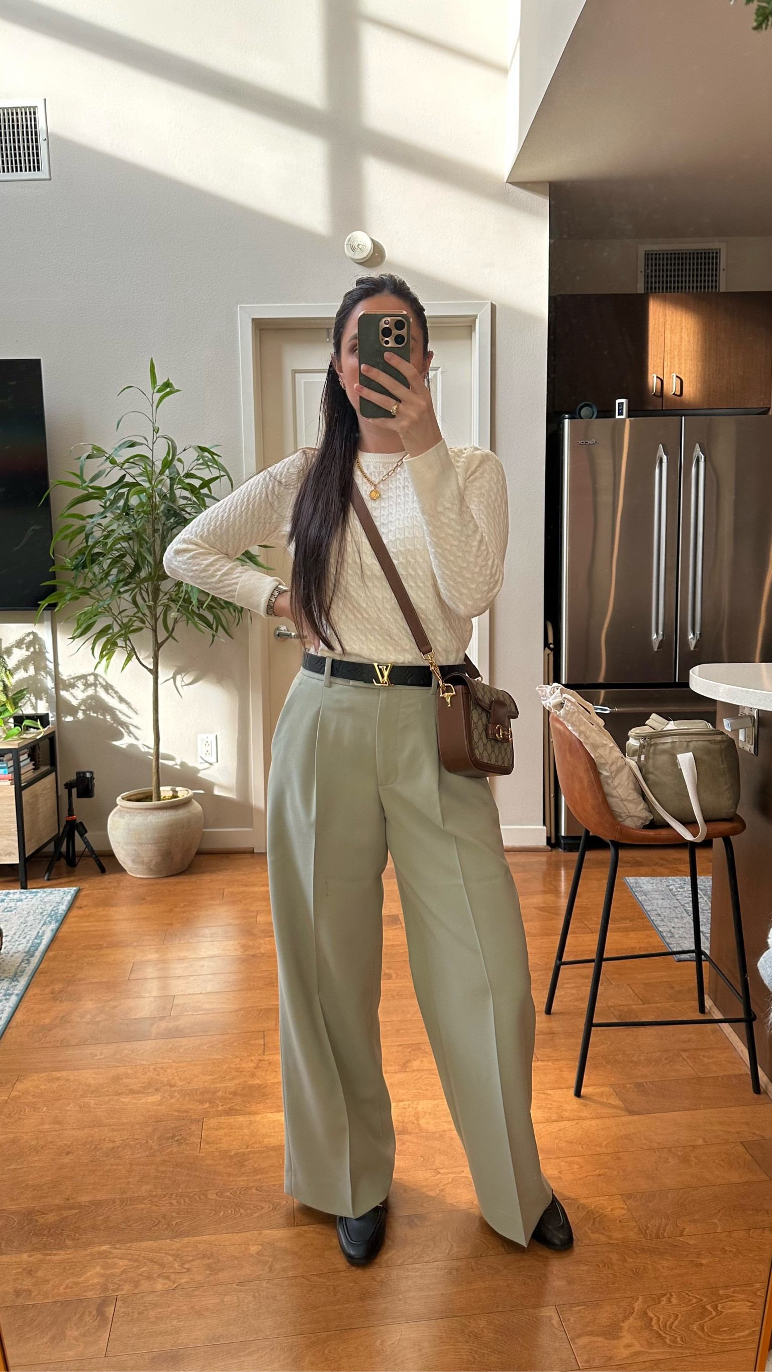 Sweater S
Pleated dress pants 27R
Black loafers 7.5
Black designer belt
Gucci GG crossbody 