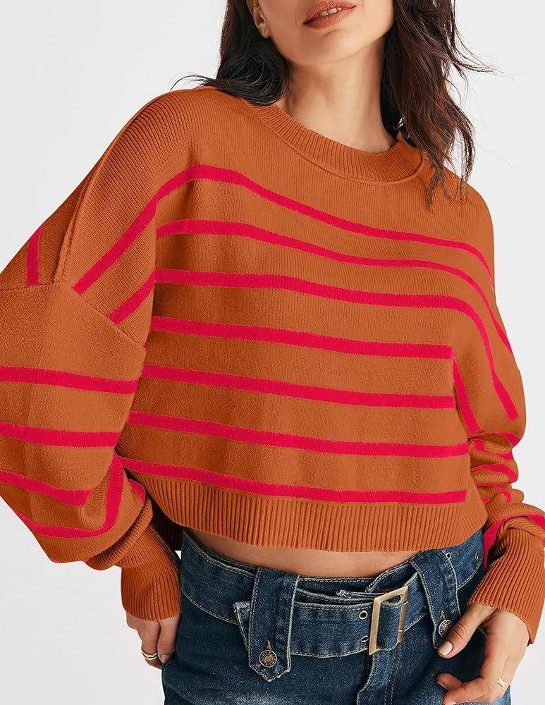 MEROKEETY Women's Long Sleeve Crew Neck Striped Crop Sweater Ribbed Knit Pullover Jumper Tops | Amazon (US)