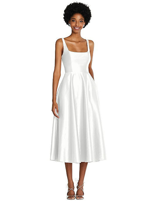 Square Neck Full Skirt Satin Midi Dress with Pockets | The Dessy Group