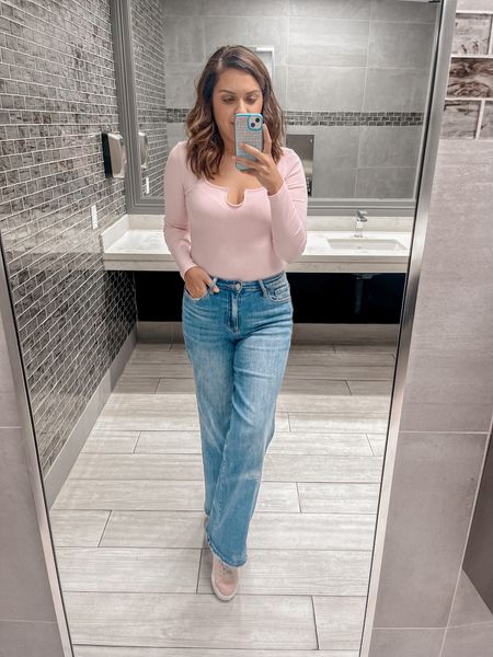 Casual fall look. Vici jeans. Fall denim. Fall jeans. Pink Nikes. Fall shoes. Pink body suit. Abercrombie and fitch. 

#LTKSale #LTKmidsize #LTKshoecrush