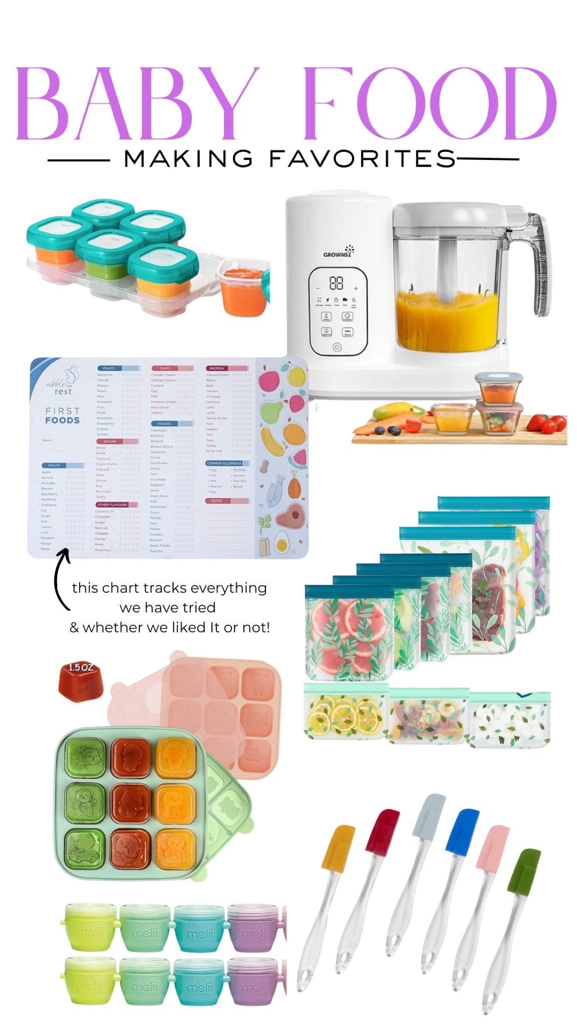 baby food making, food containers, grownsy food maker, food processor, reusable bags, freezer food trays, mini spatulas, food chart, first 100 food chart

#LTKBump #LTKBaby #LTKFindsUnder50