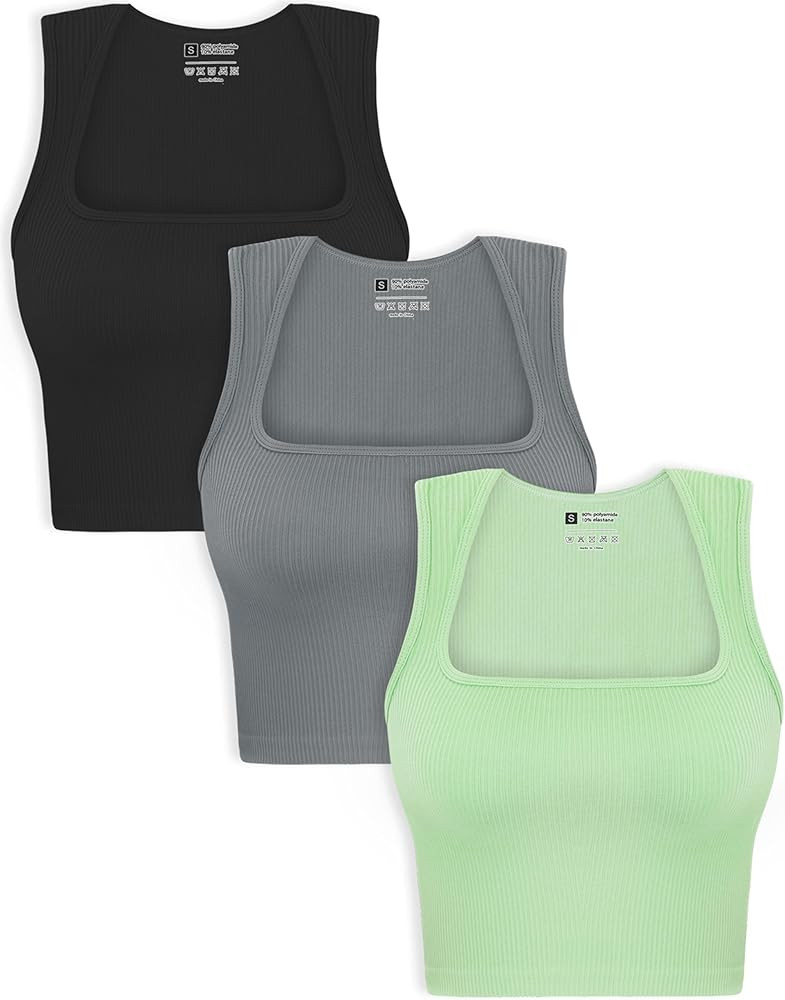 OLCHEE Womens 3 Pack Crop Tank Tops Seamless Ribbed Square Neck Tapered Shoulder Strap Sleeveless... | Amazon (US)