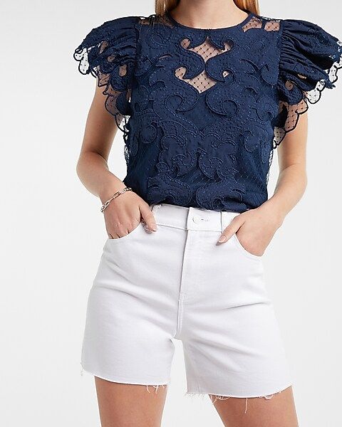 Textured Lace Ruffle Sleeve Top | Express