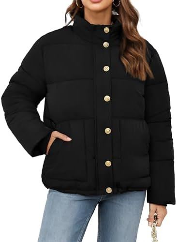 Funlingo Women's Cropped Puffer Jacket Winter Stand Collar Zip Up Snap Button Warm Lightweight Sh... | Amazon (US)