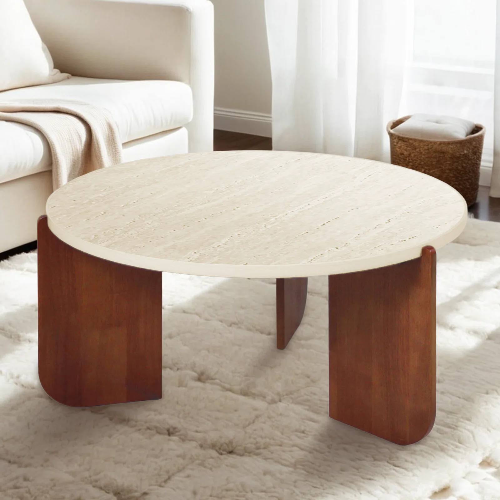 Ivy Bronx Elegant Round Travertine Texture Coffee Table – 30” Stone Coffee Table, Modern Desi... | Wayfair North America