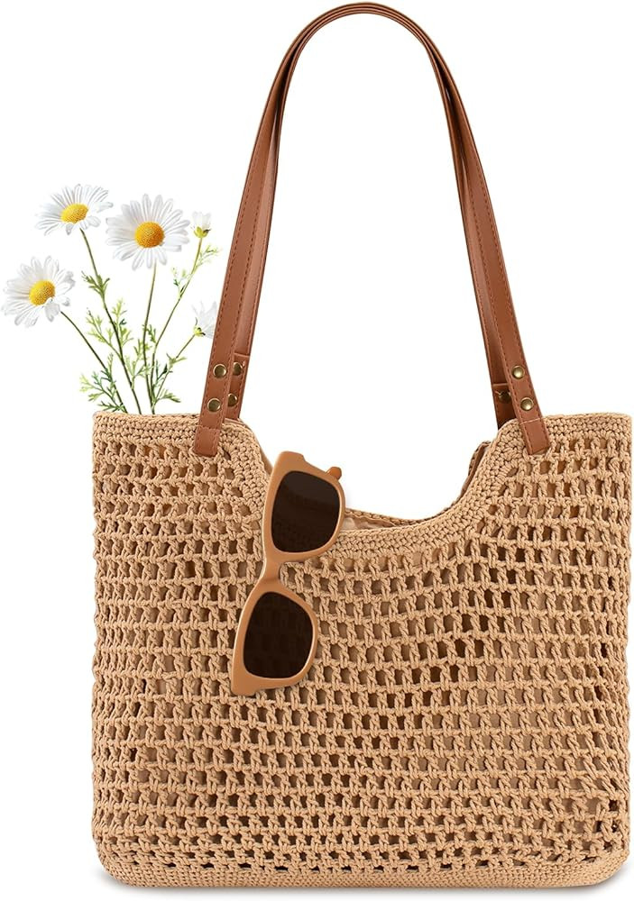 Peicees Crochet Beach Bag Purse, Boho Woven Tote with Leak-Proof Lining For Summer Vacation Trave... | Amazon (US)